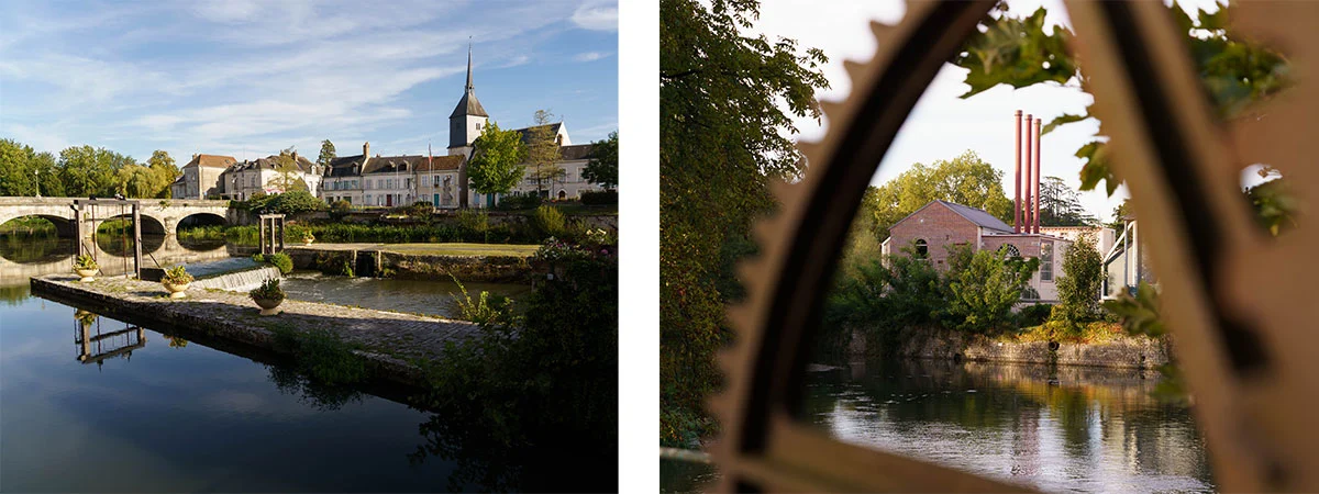 Pont, église et écluse de Romorantin / bâtiment type usine pris de l'écluse sur la Sauldre